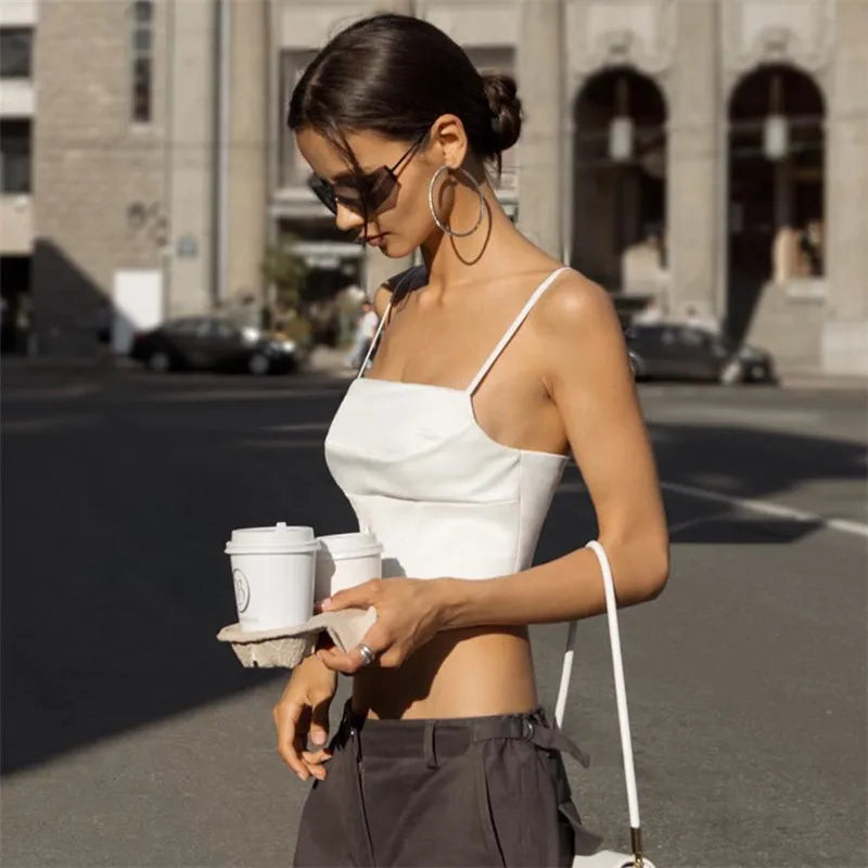 Spaghetti Strap Tank Top Sexy Backless Bandage Skinny Crop Tops 2024 Summer Elegant Lace Up Party Streetwear Women Camis SuperFye WHITE / M SuperFye