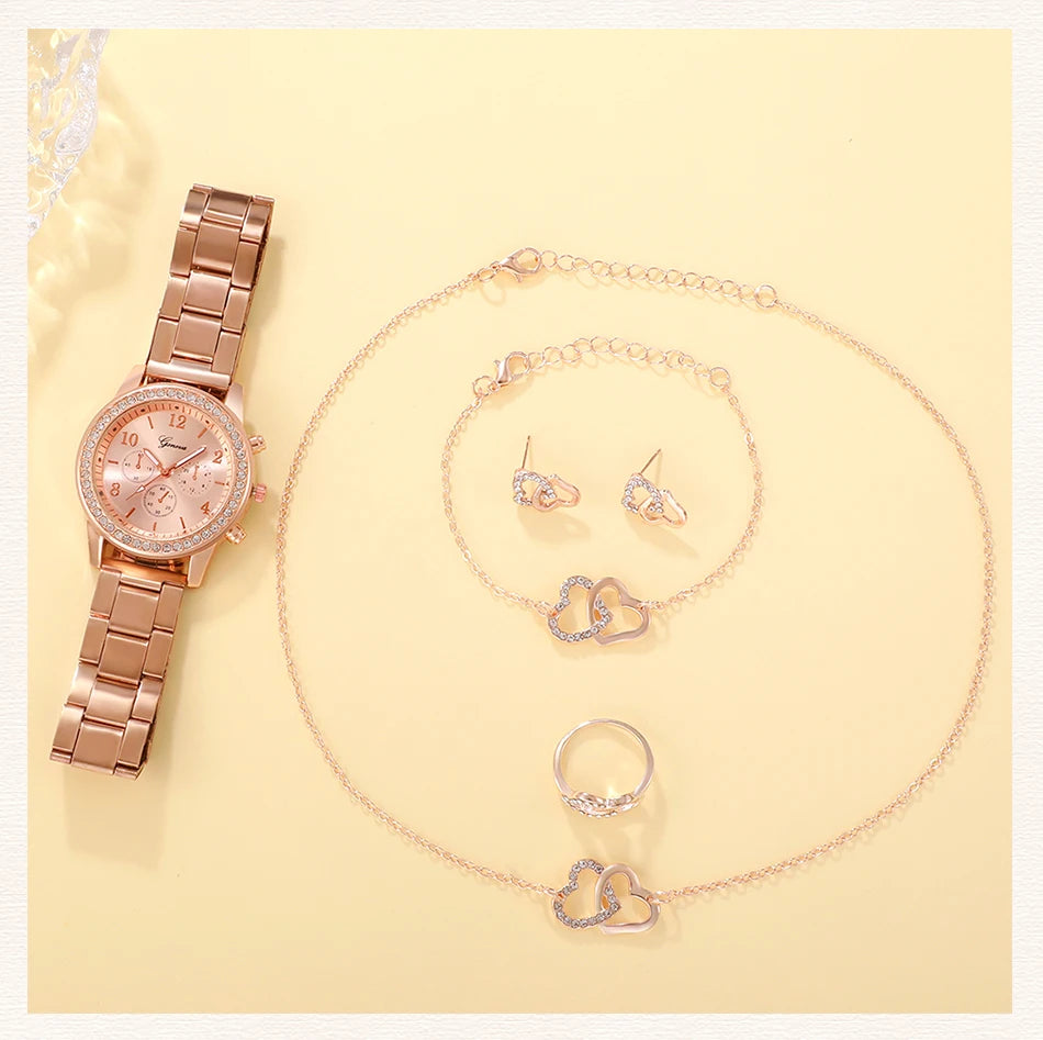 6PCS Set Rose Gold Luxury Watch Women Ring Necklace Earring Rhinestone Fashion Wristwatch Casual Ladies Bracelet Watches SuperFye Gold SuperFye