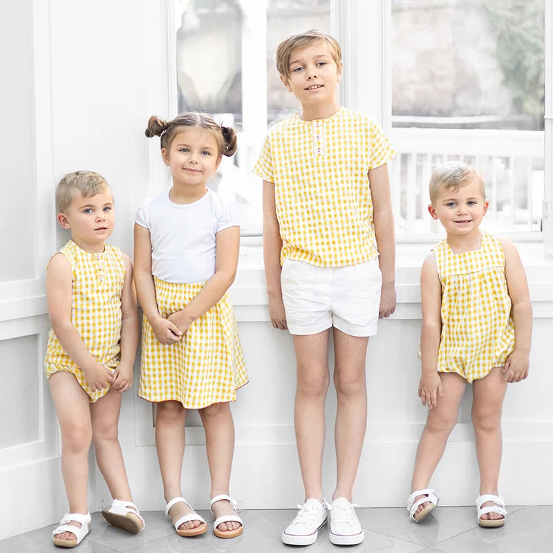 Ali Plus SS25 yellow and white gingham summer set with red stitch girls dress baby romper boys top and pants and toddler sets