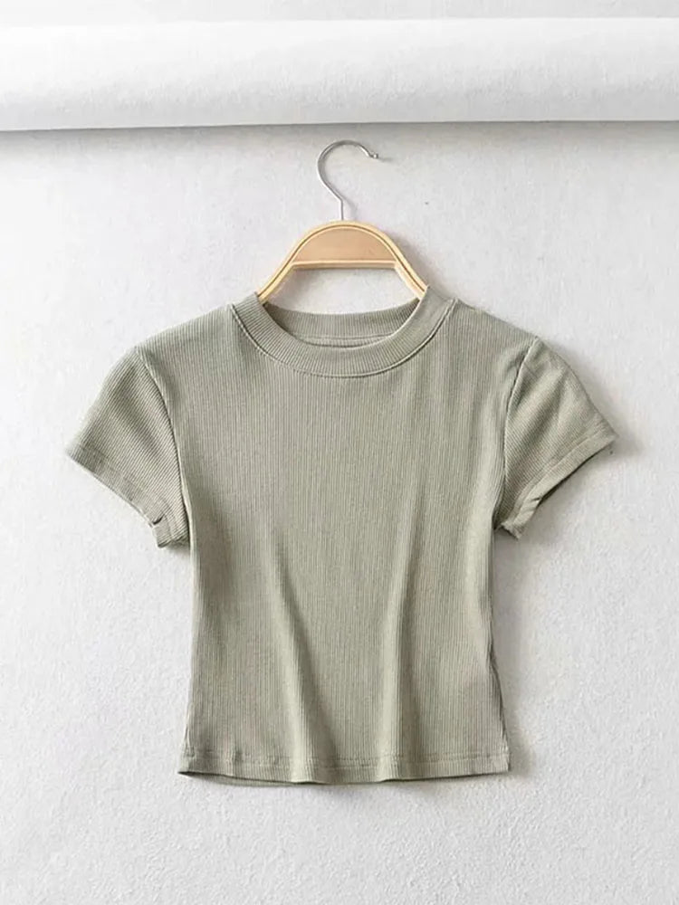 Summer Sexy Women O-neck Short-sleeve T-shirt Slim Elastic Skinny Crop Tops SuperFye green / S SuperFye