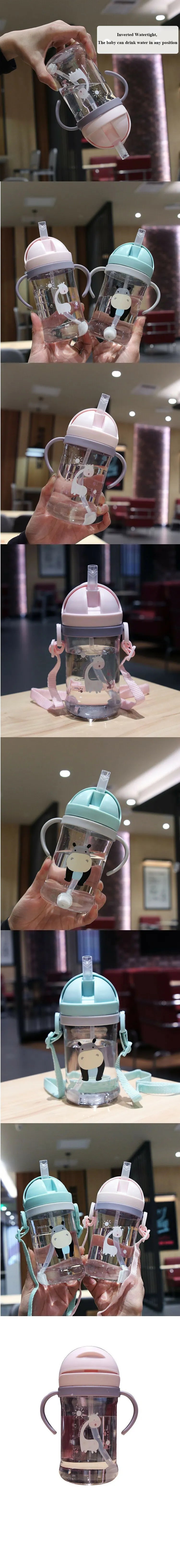 350ml Kids Drinking Cup Feeding Bottle With Straw Gravity Ball Wide Caliber Bottle SuperFye Pink SuperFye