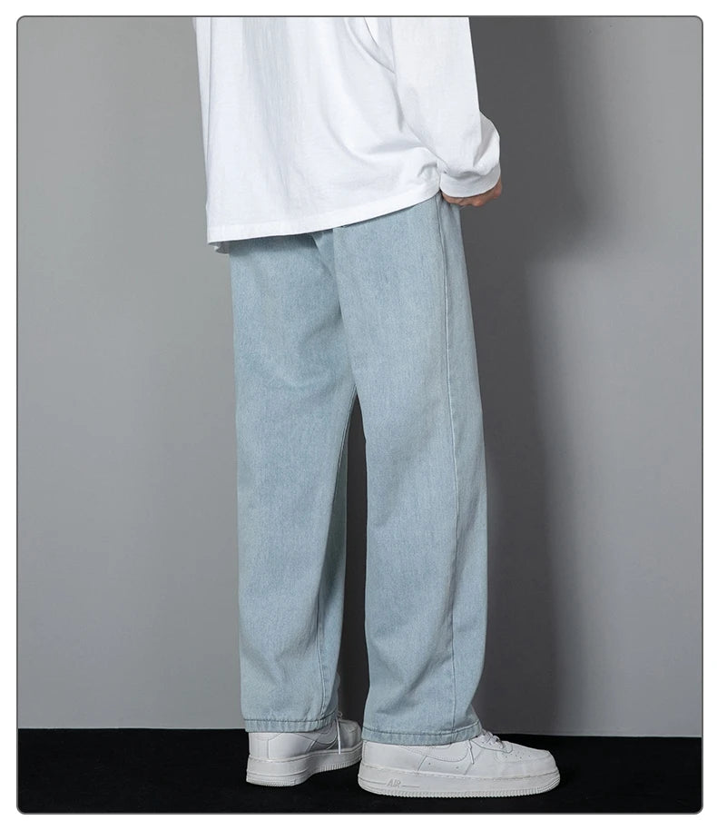 2025 New Korean Men's Casual Long Jeans Classic Man Straight Denim Wide-leg Pants Solid Color Light Blue Grey Black 3XL SuperFye Deep BLue / XXXL For 180CM 95KG SuperFye