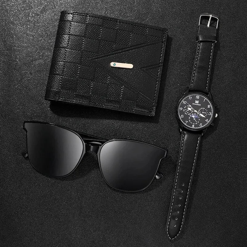 Fashion Mens Watches Wallet Glasses For Men Retro Black Bussiness Quartz Watch Male Casual Watch Relogio Masculino SuperFye Black SuperFye