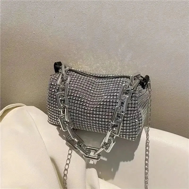 Allover Rhinestone Bucket Bag, Glitter Chain Prom Purse, Women's Mini Crossbody Bag (6.3*3.54) Inch SuperFye Silver SuperFye