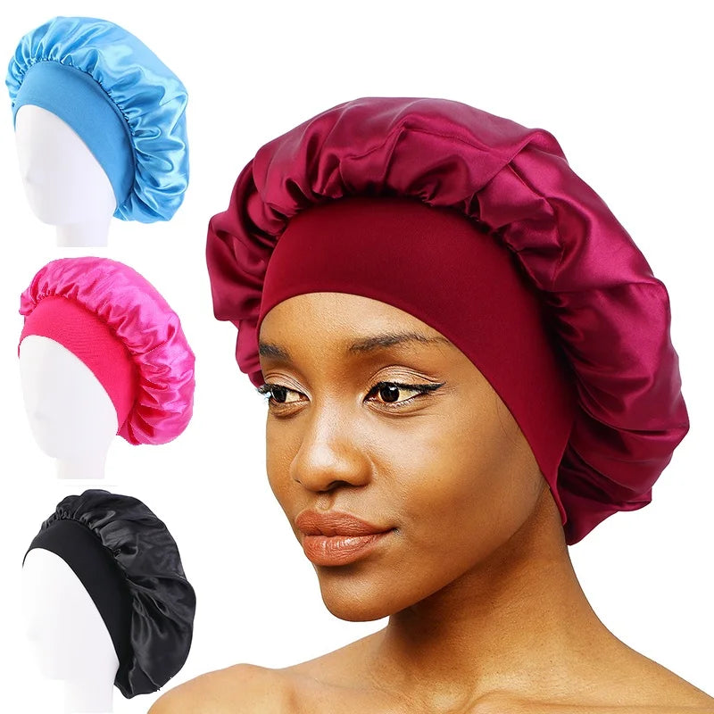 New Women's Satin Solid Wide-brimmed Sleeping Hat Unisex Head Wrap Elastic Band Cap Hair Care Bonnet Night Hat bonnet de nuit SuperFye black SuperFye