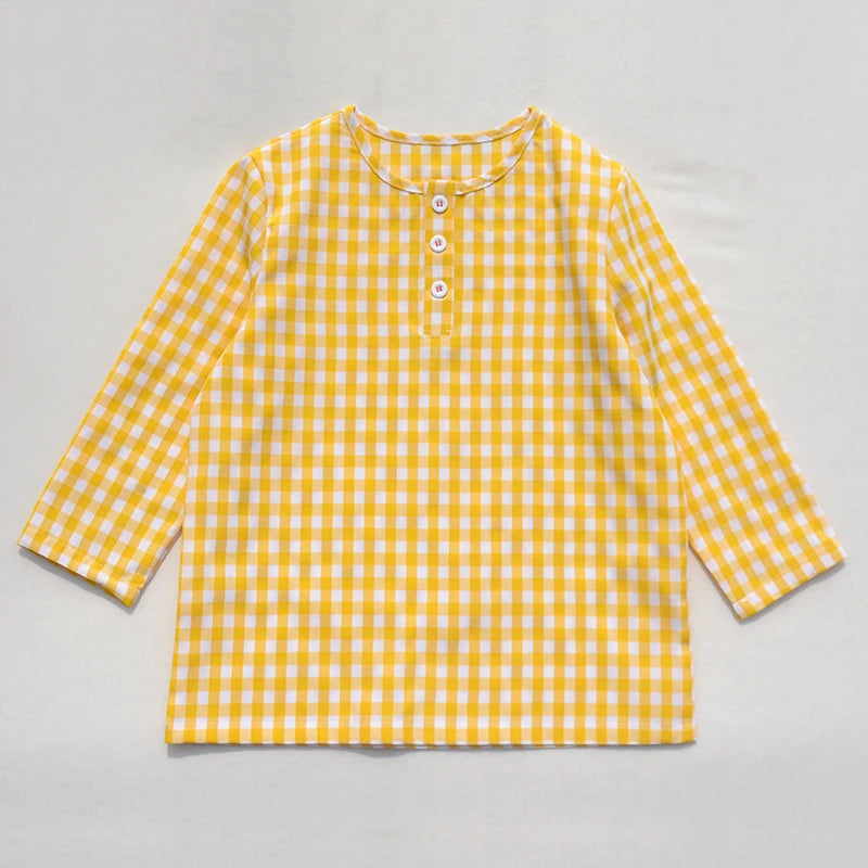 Ali Plus SS25 yellow and white gingham summer set with red stitch girls dress baby romper boys top and pants and toddler sets