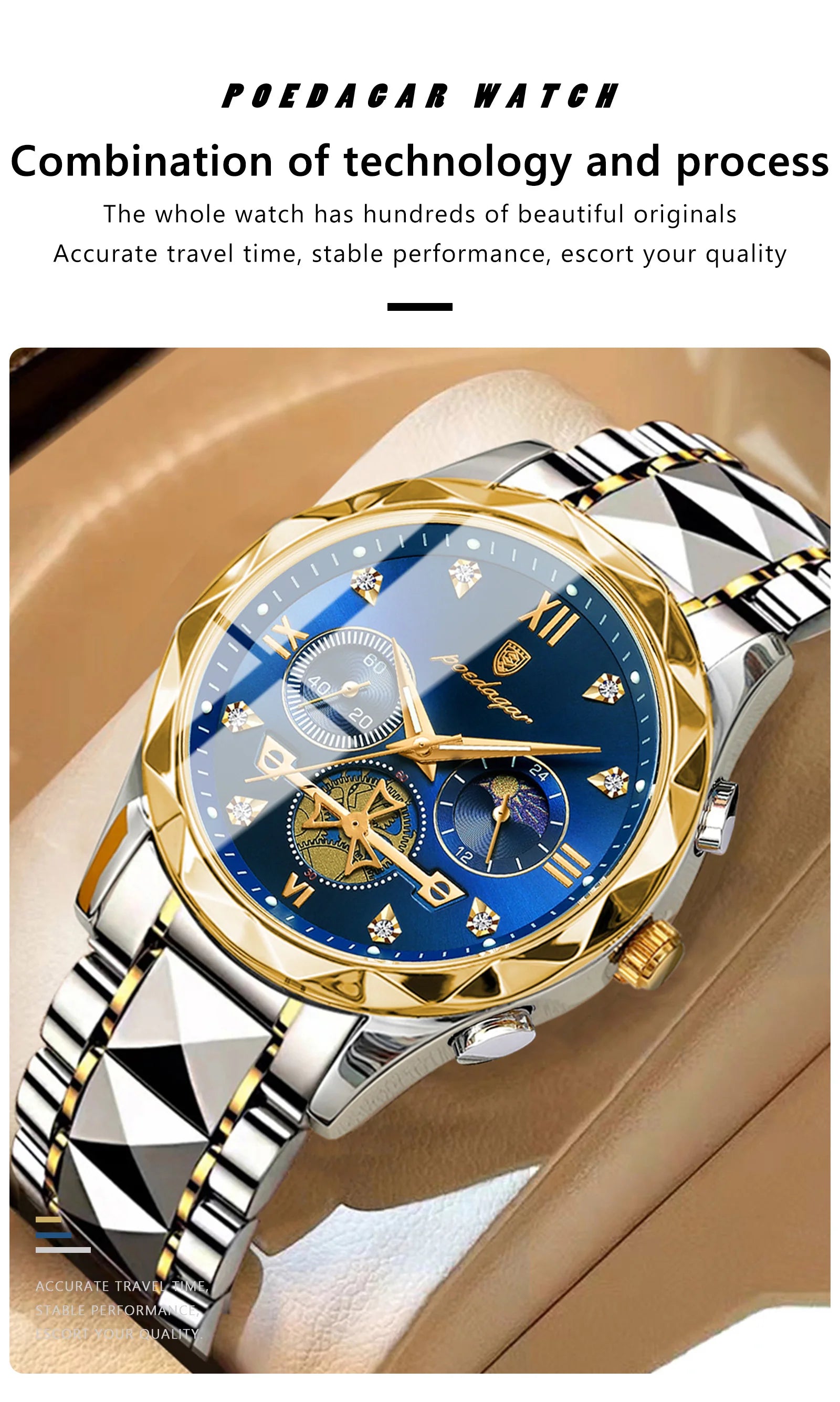 POEDAGAR Luxury Man Wristwatch Waterproof Luminous Chronograph Watch for Men Stainless Steel Men's Quartz Watches reloj hombre SuperFye Gold Blue SuperFye