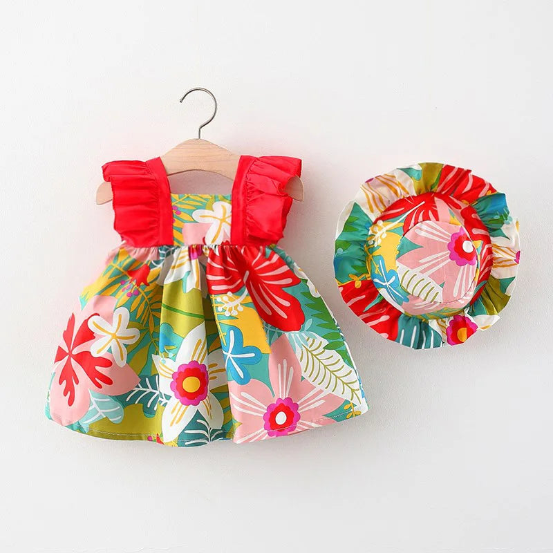 Summer New Girl Baby Strap Dress Fragmented Flower Children's Sleeveless Princess Dress 0-3 Year Old Newborn Comes with Hat SuperFye Red-2 / 6(9-12M) SuperFye