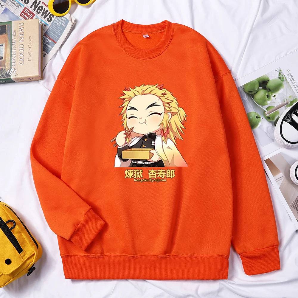 Demon Slayer Anime Rengoku Kyoujurou Women Sweater Autumn Trendy Hoody Crewneck Fleece Pullover Simple Loose Female Sweatshirt