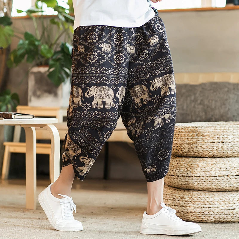 Harajuku Summer Loose Calf Length Casual Pants Men Wide Leg Cotton Linen Printing Baggy Pants Oversize Men's Trousers SuperFye Model G / Chinese Size XXXL SuperFye