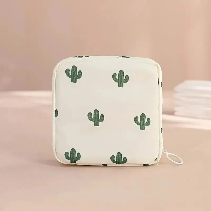 Women Sanitary Napkin Tampon Storage Bag Portable Waterproof Organizer Pouch Cartoon Pattern Sanitary Napkin Bag SuperFye Beige Cactus SuperFye