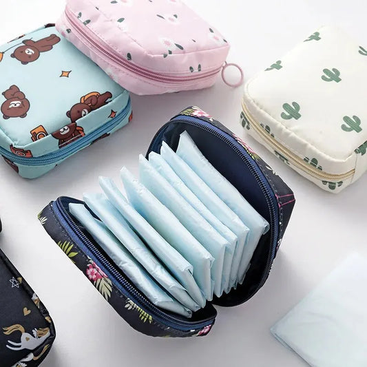 Women Sanitary Napkin Tampon Storage Bag Portable Waterproof Organizer Pouch Cartoon Pattern Sanitary Napkin Bag SuperFye Yellow Ice Cream SuperFye