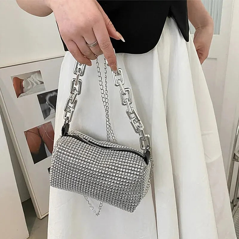 Allover Rhinestone Bucket Bag, Glitter Chain Prom Purse, Women's Mini Crossbody Bag (6.3*3.54) Inch SuperFye Silver SuperFye