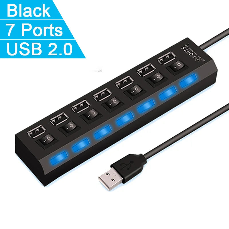 High Speed 4/7 Ports USB HUB 2.0 Adapter Expander Multi USB Splitter Multiple Extender with LED Lamp Switch for PC Laptop SuperFye 7 Ports Black SuperFye