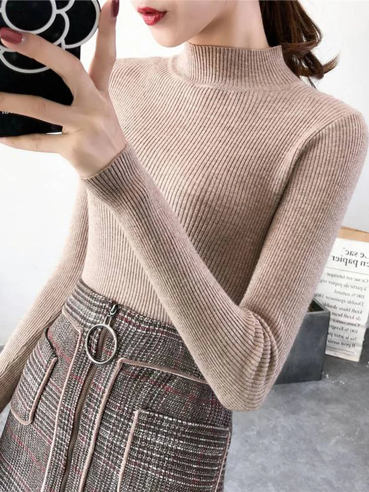 Autumn Winter Mock Neck Women Sweater Vintage Basic Solid Knitted Tops Casual Slim Pullover Korean Sweaters Simple Chic Jumpers SuperFye Burgundy / One Size SuperFye