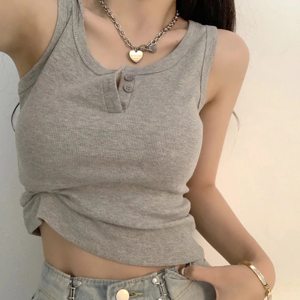 Tank Top for Women Ribbed Button Down Sleeveless Blouse Solid Color Casual Women's Teens Trendy Basic Summer Dresses SuperFye White / L SuperFye